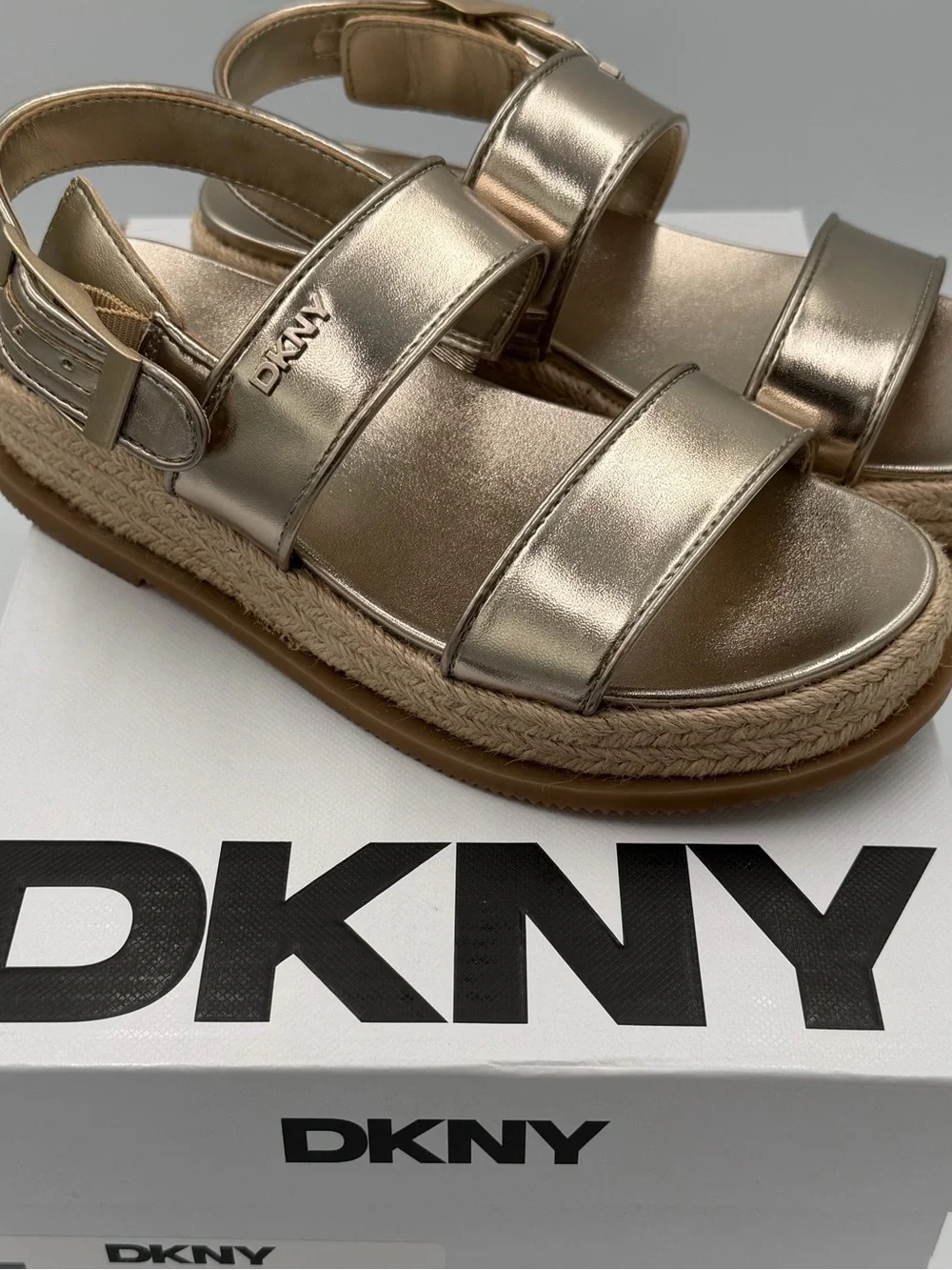 DKNY Metallic Champagne Bernae Slingback Platform Sandals with Ankle Strap NIB